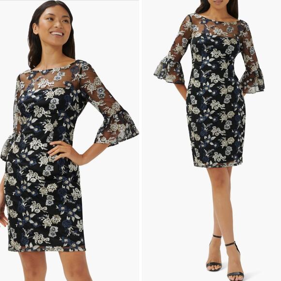 NWT ADRIANNA PAPELL DRESS FAIRY WHIMSICAL EMBROIDERED FLORAL SHEER MESH COCKTAIL - Picture 1 of 16